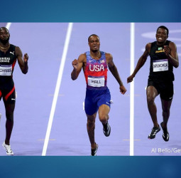 America's Quincy Hall wins the men's 400m Olympic gold medal.