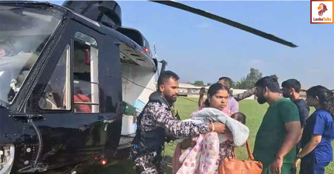 06 infants and mothers evacuated from Chilaw to Puttalam by SLAF helicopter
